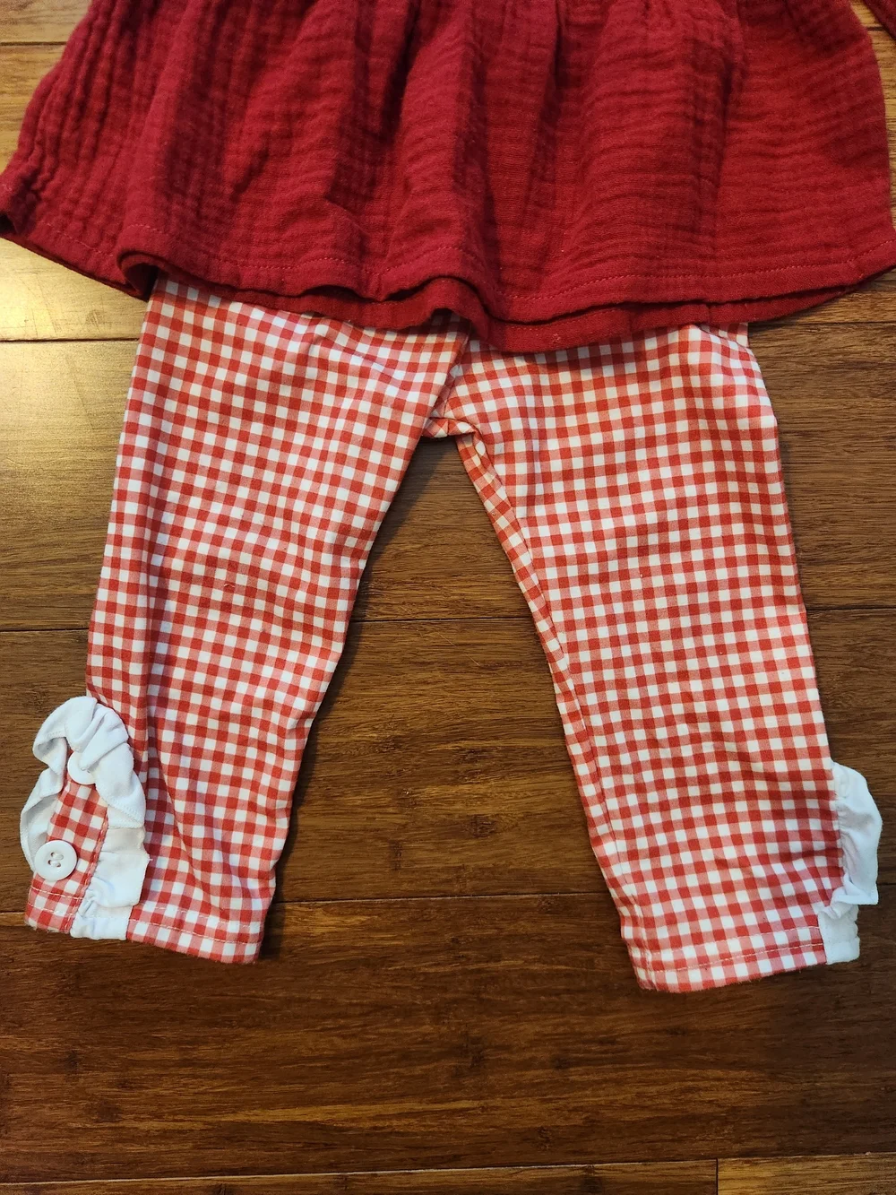 Girl's Red Long Sleeve Peplum Top & Gingham Leggings Pants Set, 6-9 Months